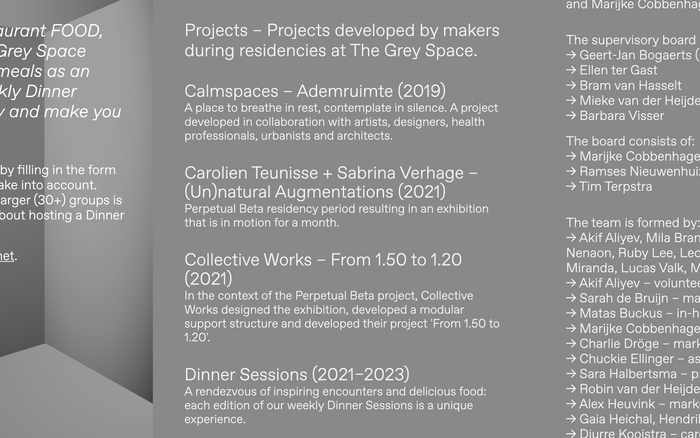 The Grey Space website by Buurmen and Soft Turbo is filled with info, consisting of mostly texts, arrows and tag buttons. The horizontal scrolling makes for a (pleasantly) confusing effect.