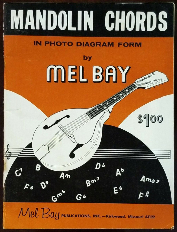 Mandolin Chords in Photo Diagram Form, 1963. The price is here shown in Orplid as well, with grey fill. The S in “Chords” appears to be from , with the rest of the line in  Extra Condensed, see . The informal script for “Mel Bay” is unidentified – , , and  are similar.