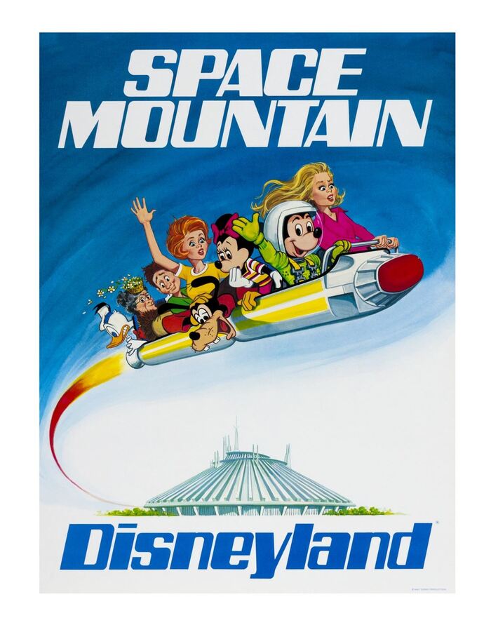 A 1977 promotional poster for the Space Mountain, set entirely in Karolys Italique