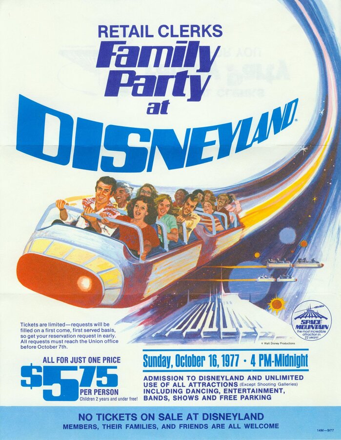 A 1977 promotional flyer for the Retail Clerks Family Party at Disneyland, featuring Space Mountain, the most incredible attraction in 22 years!