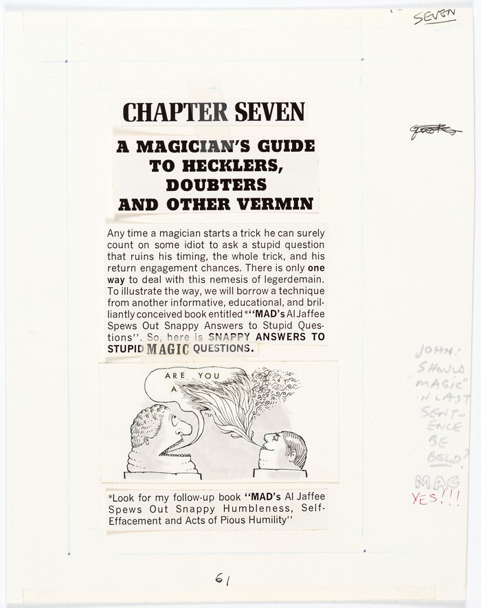 Within the last sentence of this introductory paragraph “MAGIC” is stylized in Clarendon Bold Condensed.

The “John” person that noted this suggestion in text (seen to the lower right of the page art) is John Putnam, presumably designing for this book.