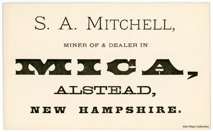 S. A. Mitchell, Miner of and Dealer in Mica, Alstead, New Hampshire business card