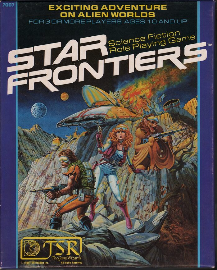 Front panel of the game box for Star Frontiers, featuring Earth and Eurostile.