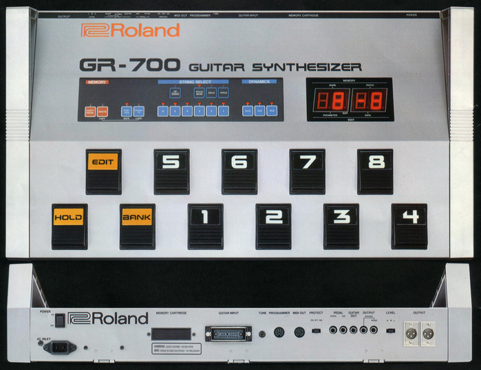 Front and back panel of the GR-700, as shown in the 1984 Roland GR-700 and G-707 Brochure.