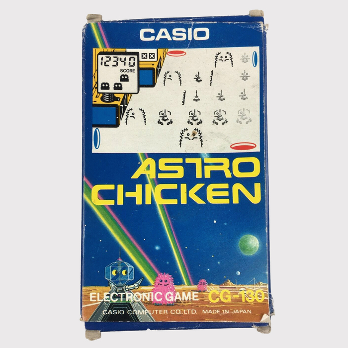 Front panel of box for the Casio electronic game Astro Chicken. The game's title is set in Earth.