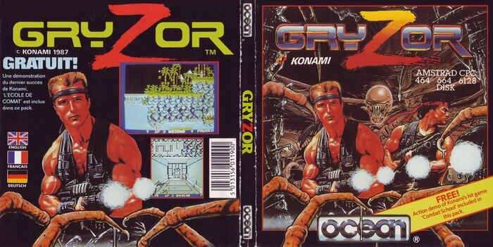 Full view of the cover for the French release of Gryzor for the Amstrad CPC (disk version), developed by Ocean. Character illustrations by Bob Wakelin. Logo typeset in Earth on back panel.