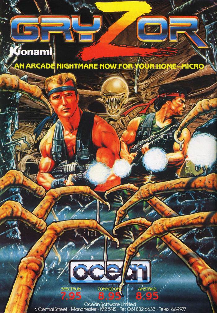 UK print ad from Zzap!64 for the ports by Ocean, featuring the Gryzor logo, which based on Earth, and additional text set in ITC Benguiat Gothic. Character illustrations by Bob Wakelin.