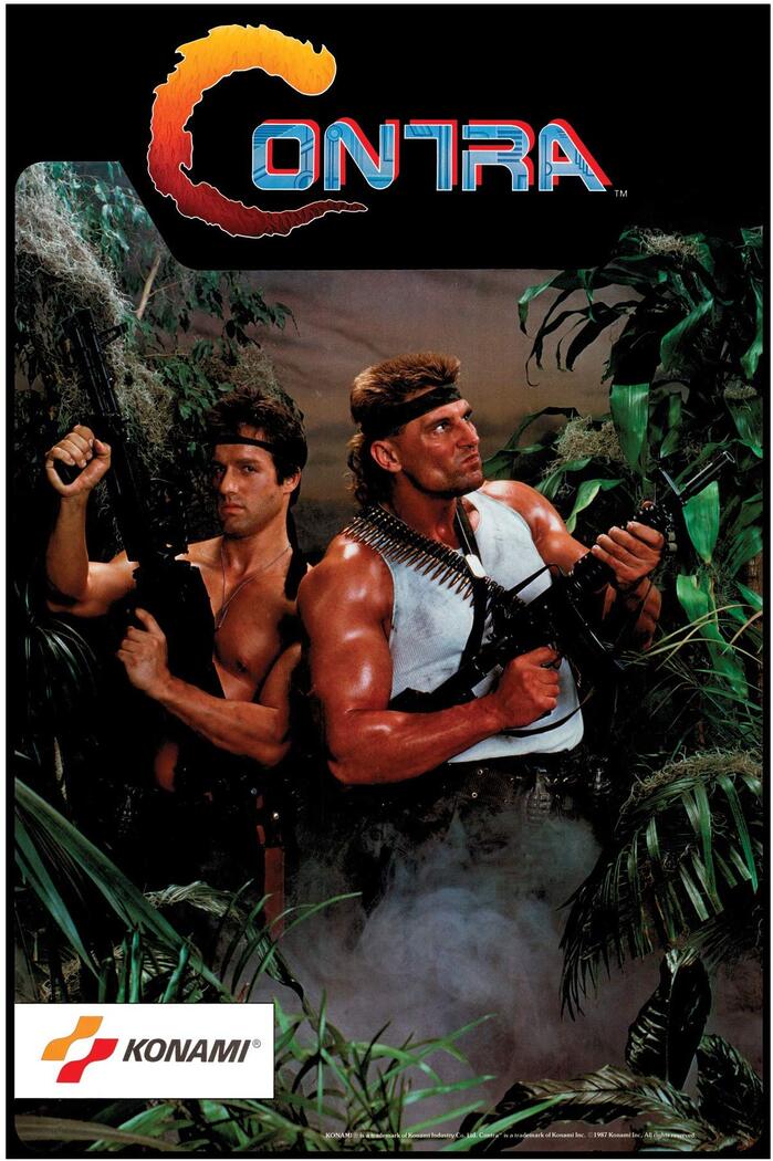 Flyer/side panel decal for Konami's arcade version of Contra. The game's logo, aside from the C, is loosely based on Earth.
