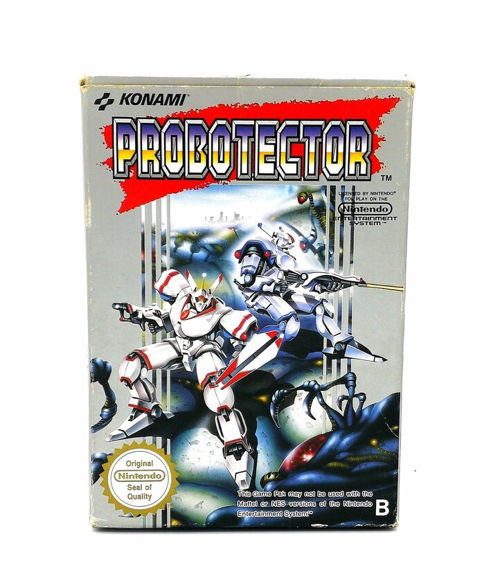 Front panel of the box for the 1990 European release on the NES, titled Probotector. This logo is based on   a.k.a. Charger.