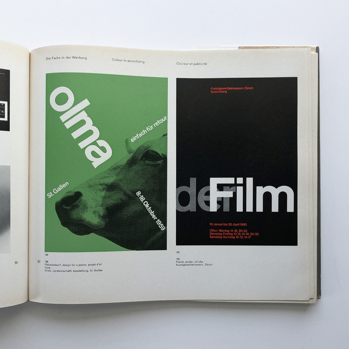 Colour in advertising.
Left: even JMB got his stuff rejected: the poster for OLMA 1959 remained unrealized.
Right: Der Film was an exhibition shown at the Kunstgewerbemuseum Z&uuml;rich in 1960.