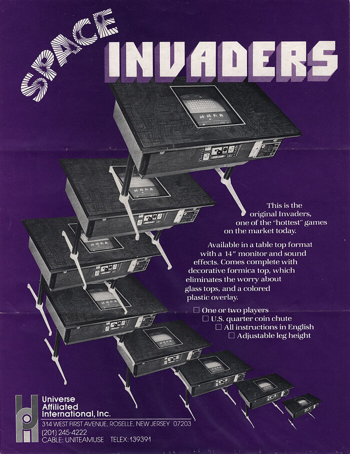 1978 flyer for Universe Affiliated International’s table top edition, featuring Burst Caps and ITC Pioneer. The copy and the address use  and .