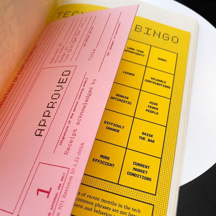 Pink slip and Tech CEO Bingo card, primarily set in Aglet Mono, with die cut in Gridlite, small text in Fern Micro, and heading in Champion Gothic.