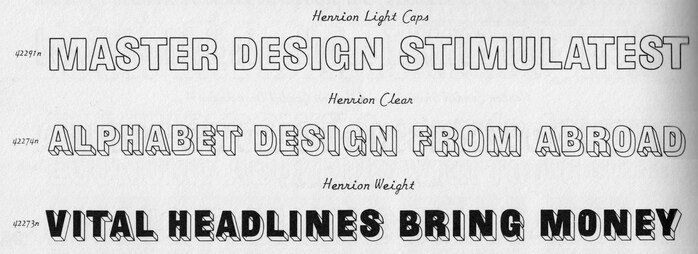 Henrion Light Caps, Clear, and Weight as shown in Photo-Lettering’s Alphabet Thesaurus [Vol. 1], 1960. Note that the G has a bar in Weight (as on the Lightfoot! album cover), but not in Clear.