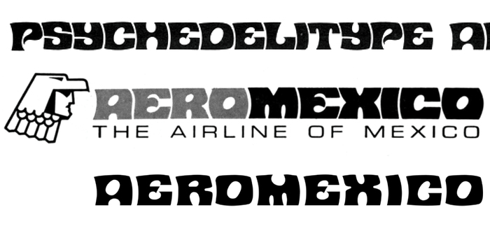The Aerom&eacute;xico logo (middle, from a 1975 print ad) compared to Davison Psyche (top, as shown in PLINC&rsquo;s Psychedelitypes, 1968, scan courtesy of Alex Jay) and Mecanorma Contest (bottom, digital version by ITF)