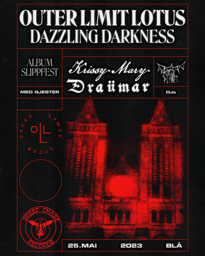 Show poster (with Eurostile Bold Extended). The logos of the supporting bands are based on  (Krissy Mary) and Steffmann’s  (Draümar). The Sheep Chase Records logo appears to be based on (one of the many interpretations of) .