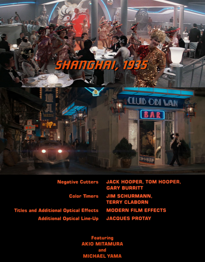 Establishing title for “Shanghai, 1935,” also set in a faux italic Bauer Topic (see Steile Futura). Club Obi Wan signage based on Zig Zag. End credits set in Eurostile.