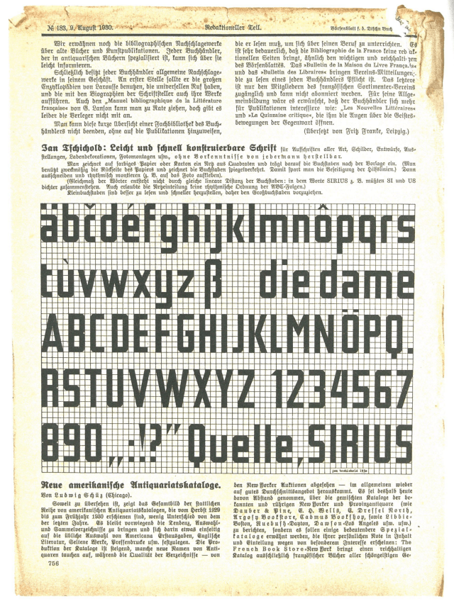 The inspiration for the custom typeface: Jan Tschichold’s Leicht und schnell konstruierbare Schrift (“easy and quick to construct lettering”) from 1930