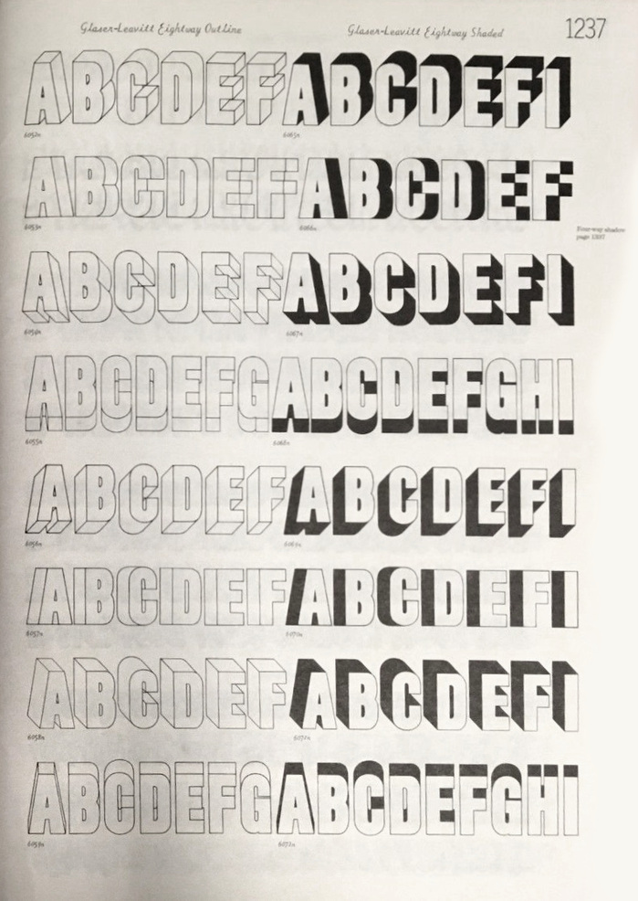 Eight shadow directions, in Outline and Shaded styles: all sixteen variations of Glaser-Leavitt Eightway as introduced in Photo-Lettering’s 1969 Alphabet Yearbook