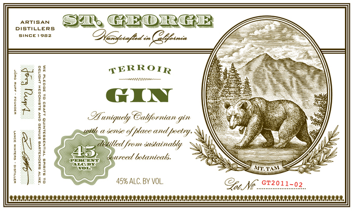 The description on the gin labels is set in . “Handcrafted in California” is in , and “Terroir” in . The alcohol strength is indicated in .