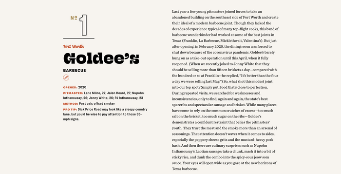 Texas Monthly, “The 50 Best BBQ Joints 2021” web&nbsp;page 6