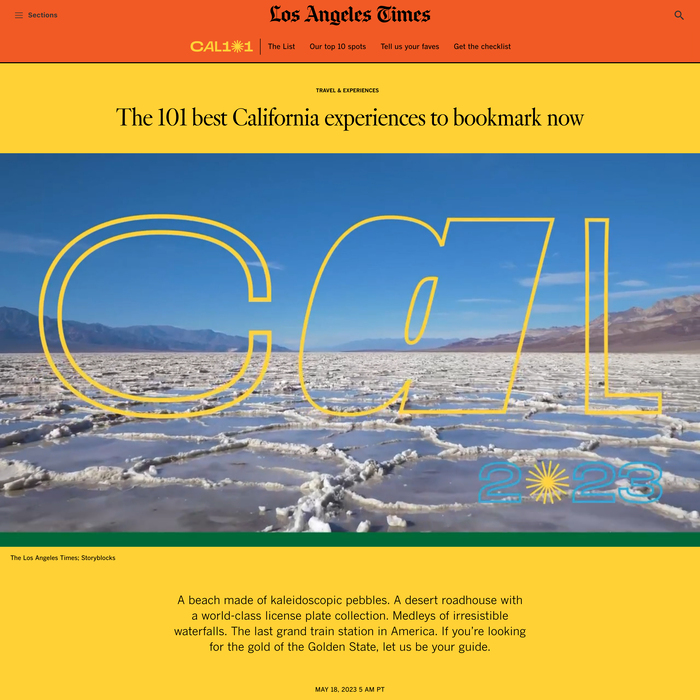 Los Angeles Times, “CAL 101: The 101 Best California Experiences” special section 1