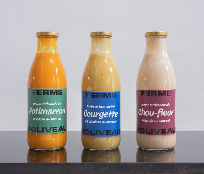 Bottled soups made from squash, zucchini, and cauliflower