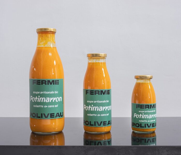 Bottled squash soup in three sizes
