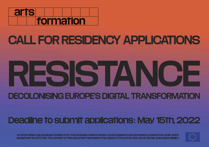 Cover page of a pdf with a call for residency applications for a project called Resistance. Decolonising Europe’s Digital Transformation