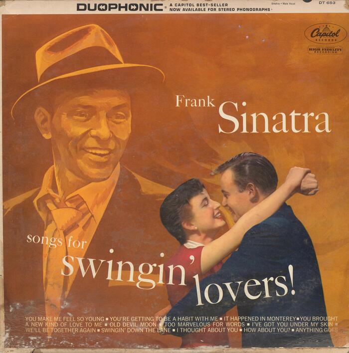 Some pressings feature the same basic design, but with a different portrait in the background, with Sinatra looking at the swingin’ lovers. The added track names are in News Gothic, the lines at the top in Microgramma.
