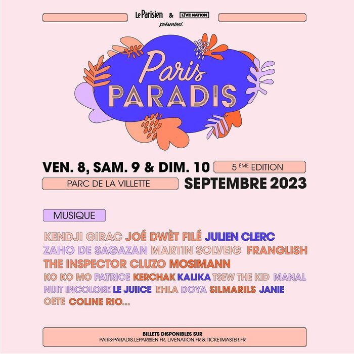 The 2023 musical lineup. The word &ldquo;pr&eacute;sentent&rdquo; is set in .