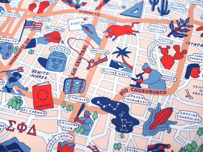 The map was printed as a six-color screenprint, and distributed by Mixed Media Press in Mexico City.