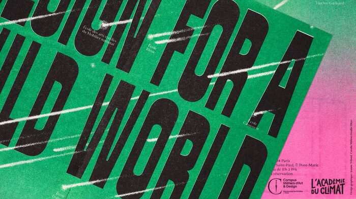 Detail of the poster: the names of the design schools are shown in Sainte Colombe, on top of the big title in Signal Compressed.
