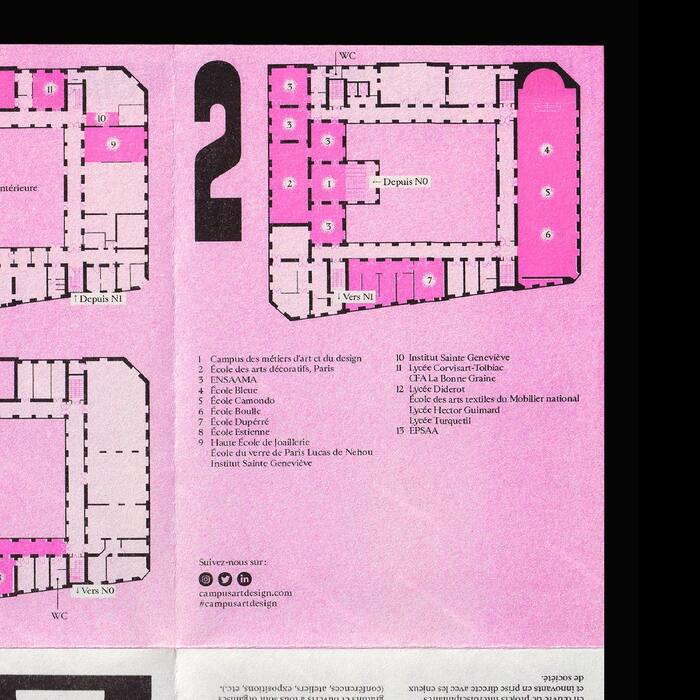 Detail of the poster: floor plans with numerals from Signal Compressed and a legend set in Sainte Colombe