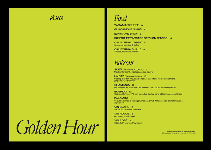 Golden Hour menu card