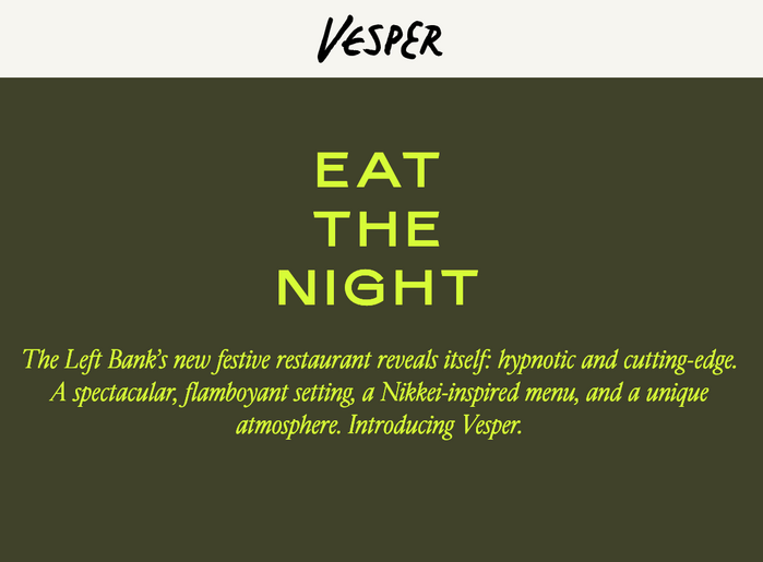 Homepage pairing Mars Extended and Cardinal Photo Italic. The slogan “eat the night” references the meaning of the word Vesper, which is Latin for “evening”.
