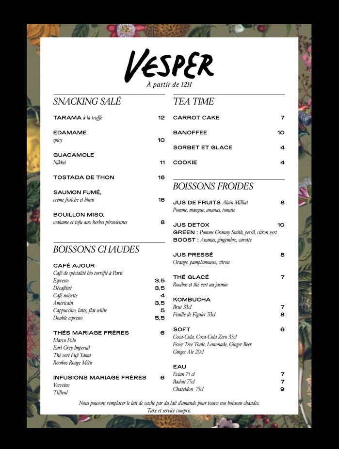 Tea time menu with sweet and salty snacks as well as hot and cold drinks