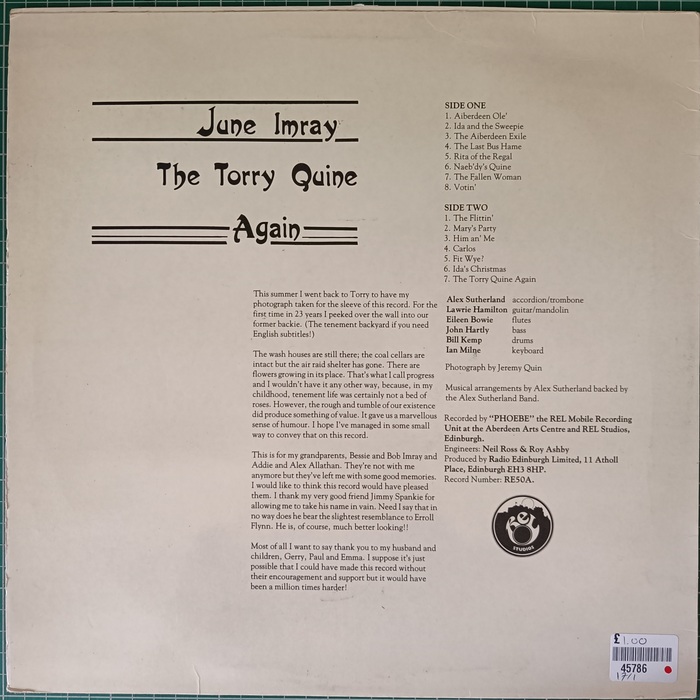 Various sleeve notes, including “Recorded by ‘PHOEBE’ the REL Mobile Recording Unit at the Aberdeen Arts Centre and REL Studios, Edinburgh. / Engineers: Neil Ross &amp; Roy Ashby”



The roundel/logo is the word REL stylised so that it might appear to be BEL.