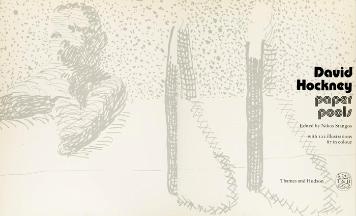 Title page from the paperback edition by Thames &amp; Hudson, London, with a drawing made in preparation for Gregory in the Pool (Paper pool 4). Here, the title is here set in  and David Hockney’s name in the solid style. The roman is .