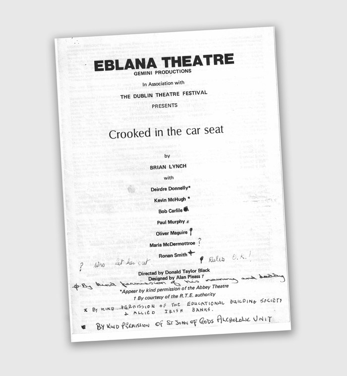 Original programme for the 1979 production that was staged as part of the Dublin Theatre Festival. The fonts in use are  Bold, the Selectric version of , and what looks like a phototype version of either  or  for the title.