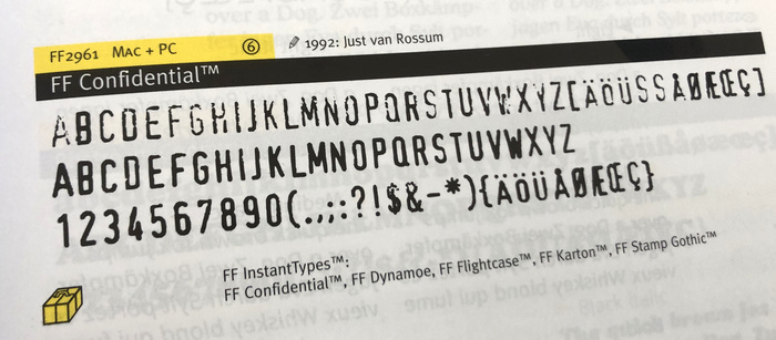 FF Confidential as shown in FontBook, Vol. 1 (1995)
