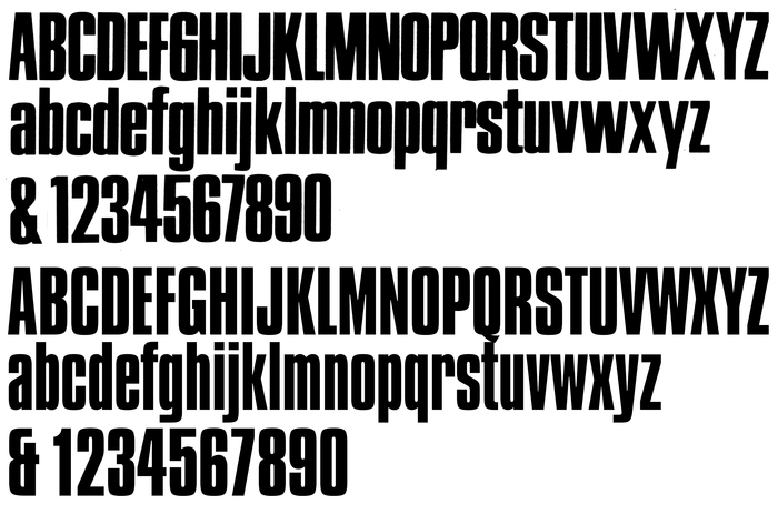 Roc (top; here Photoscript&rsquo;s version named &ldquo;Ascona Grotesk (Roc)&rdquo; from a 1965 catalog, scan courtesy of Stephen Coles, CC BY-NC-SA) compared to Compacta (bottom; here Bitstream&rsquo;s digitization with decreased tracking)