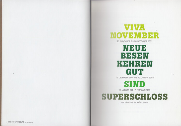 Title page with the exhibition titles in four shades of green. Boton Bold alternates with Eurostile Condensed.
