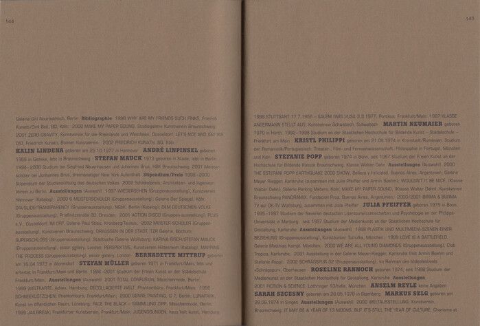 Double page spread from the appendix printed on brown paper, with short biographies