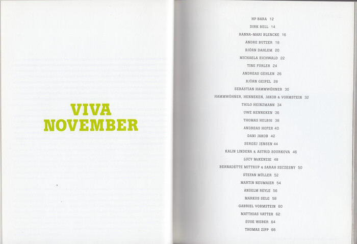 Opening spread for Viva November, with the list of participating artists