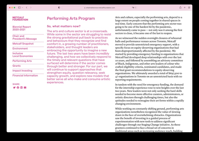 Metcalf Foundation Biennial Report 2020–21, “What Matters Now?” 15