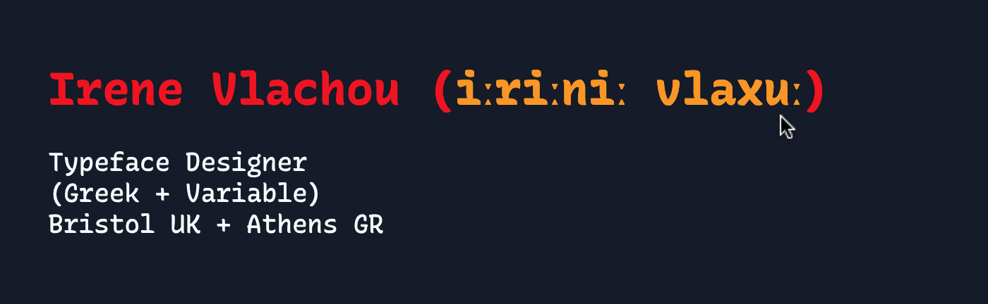 On hover, the link with the IPA pronunciation changes from bold (weight 700) to regular italic (weight 400, slant –15) via the CSS property font-variation-settings. Thanks to the fixed width, there is no text reflow.