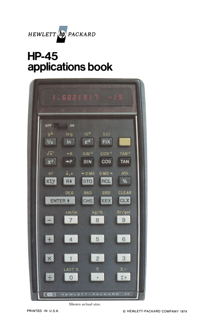 HP-45 applications book; half-title with a photo of the HP-45 calculator itself