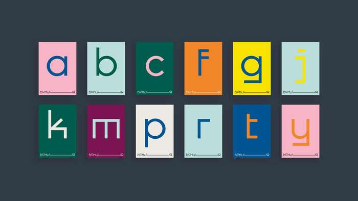 A series of promotional cards, each displaying one character of Schuur’s new typeface