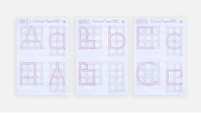 A few of Joost Swarte’s initial drawings for the Schuur typeface family.