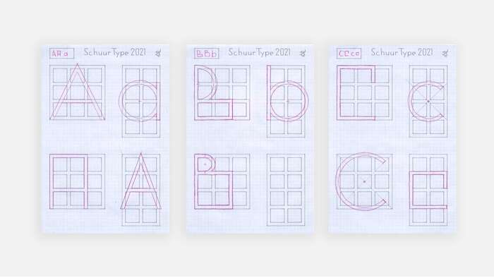 A few of Joost Swarte’s initial drawings for the Schuur typeface family.